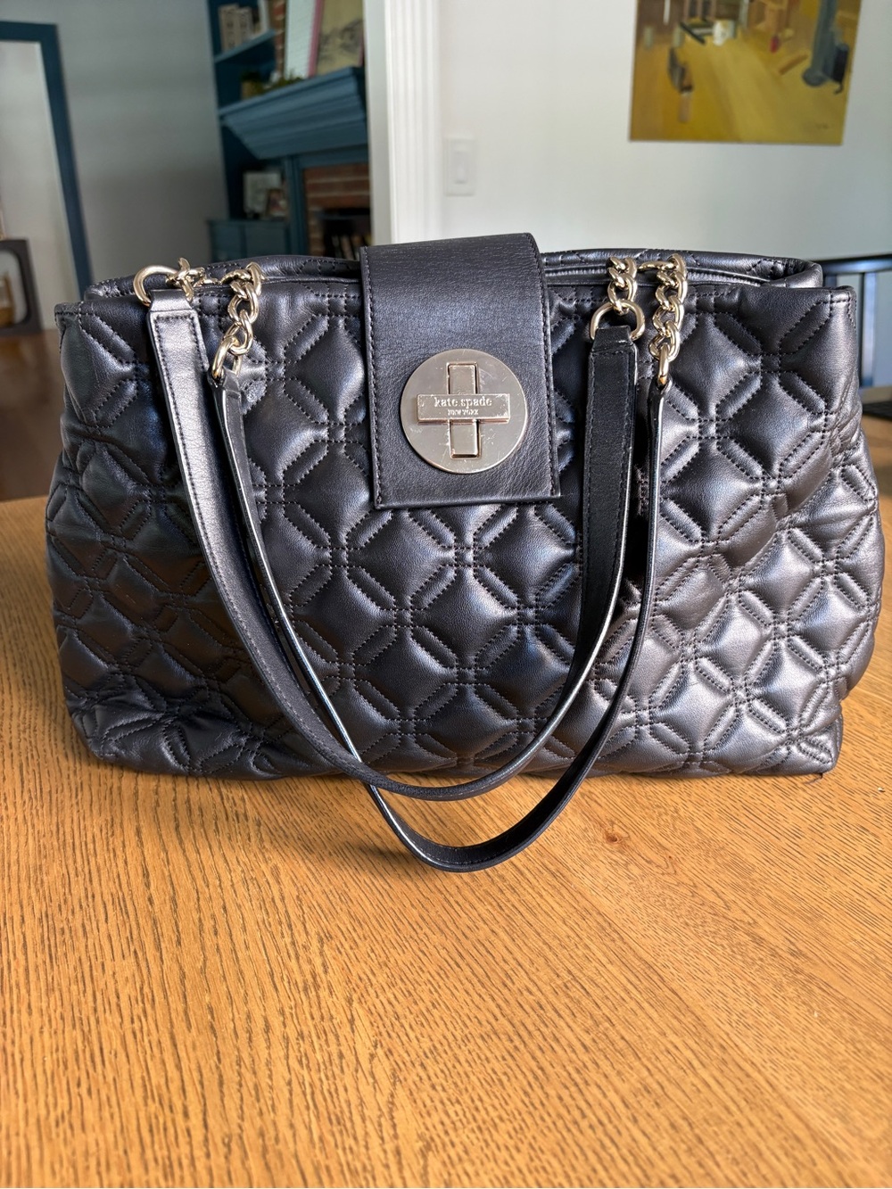 kate spade Black Quilted Leather Shoulder Bag with Gold Chain Accents
